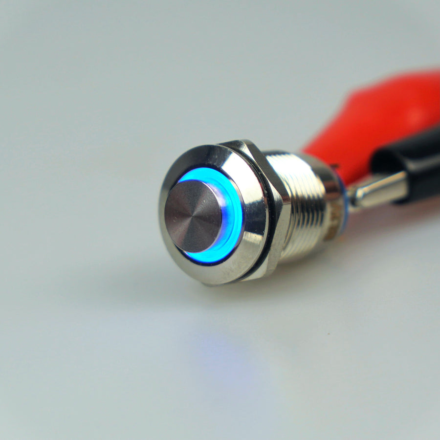 12mm AV Illuminated Momentary Switch Blue Ring - Raised Actuator