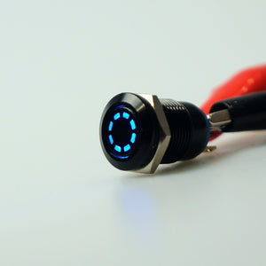 12mm Black AV Illuminated Momentary Switch Blue - Dashed Ring