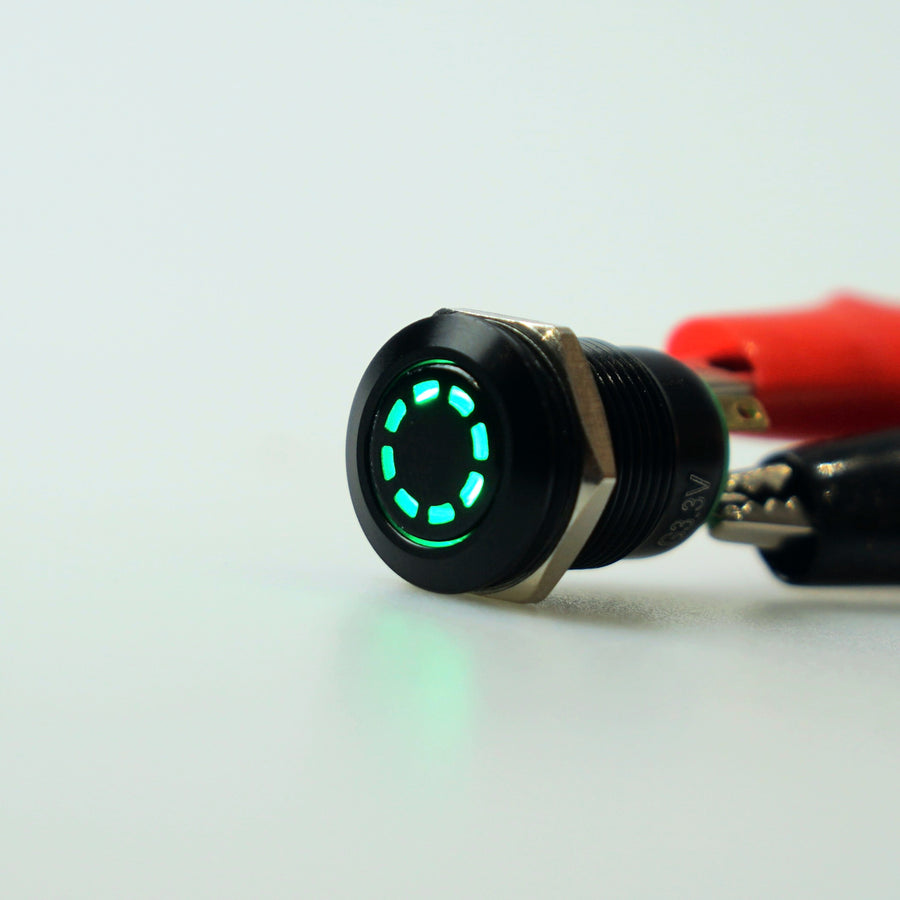 12mm Black AV Illuminated Momentary Switch Green - Dashed Ring