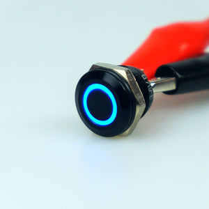 Short Body Black 12mm AV Illuminated Momentary Switch Blue Ring