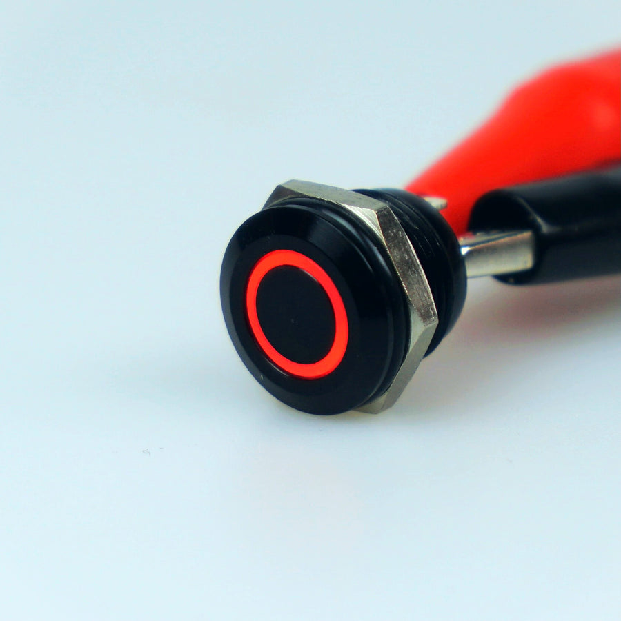 Short Body Black 12mm AV Illuminated Momentary Switch Red Ring