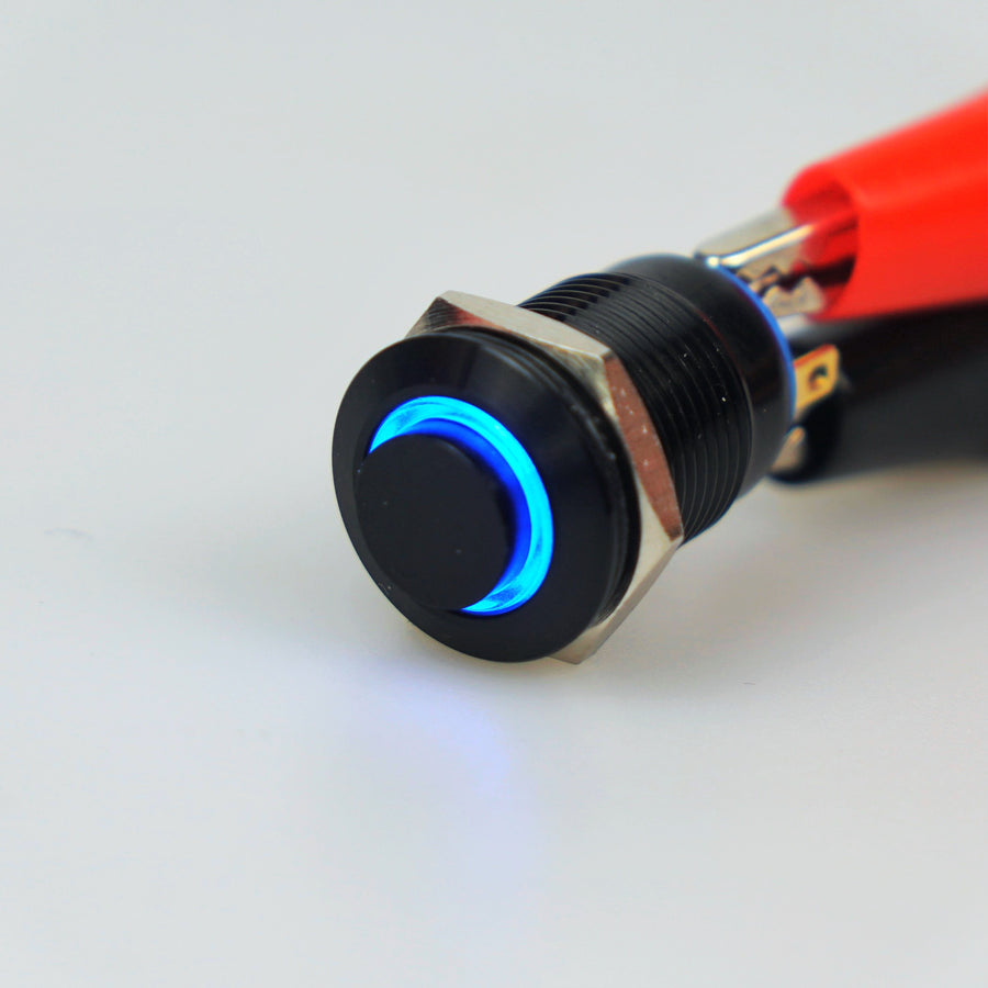 12mm Black AV Illuminated Momentary Switch Blue Ring - Raised Actuator