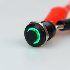 12mm Black AV Illuminated Momentary Switch Green Ring - Raised Actuator