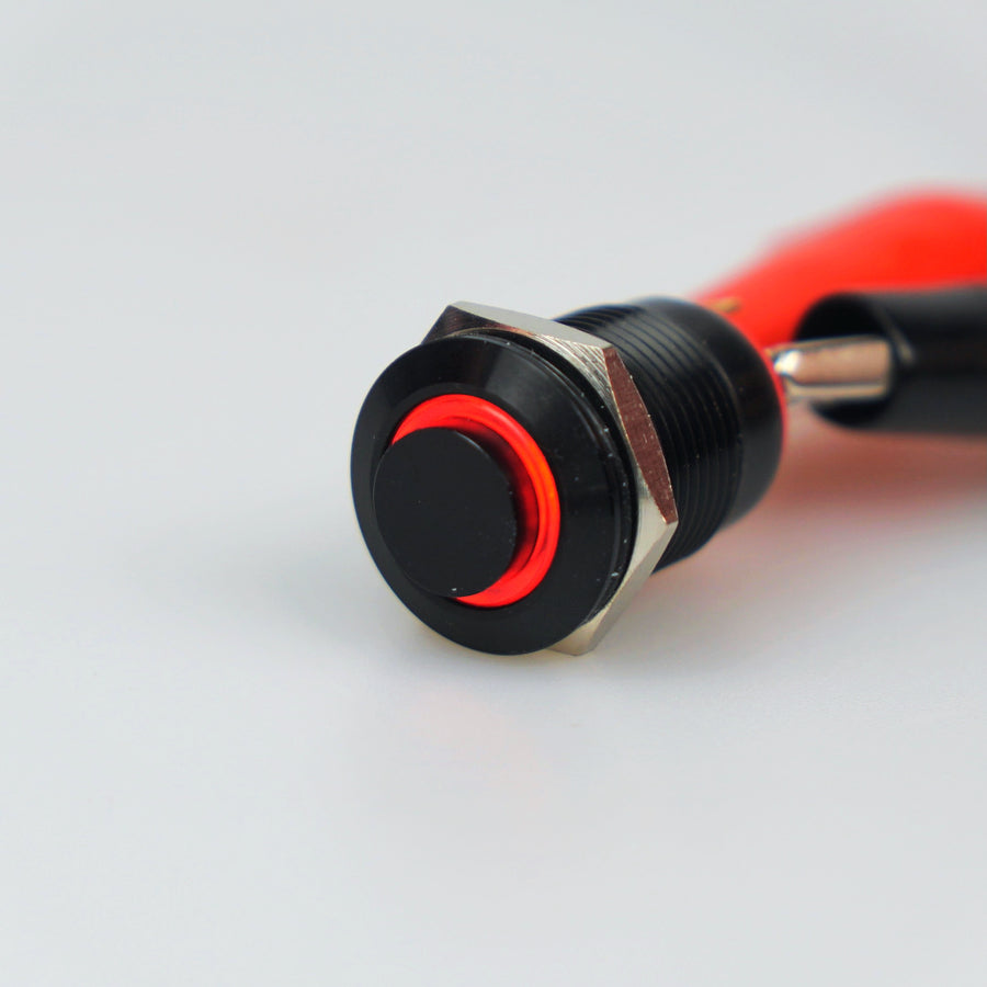 12mm Black AV Illuminated Momentary Switch Red Ring - Raised Actuator