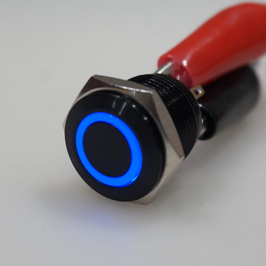 16mm Black AV Illuminated Momentary Switch Blue Ring