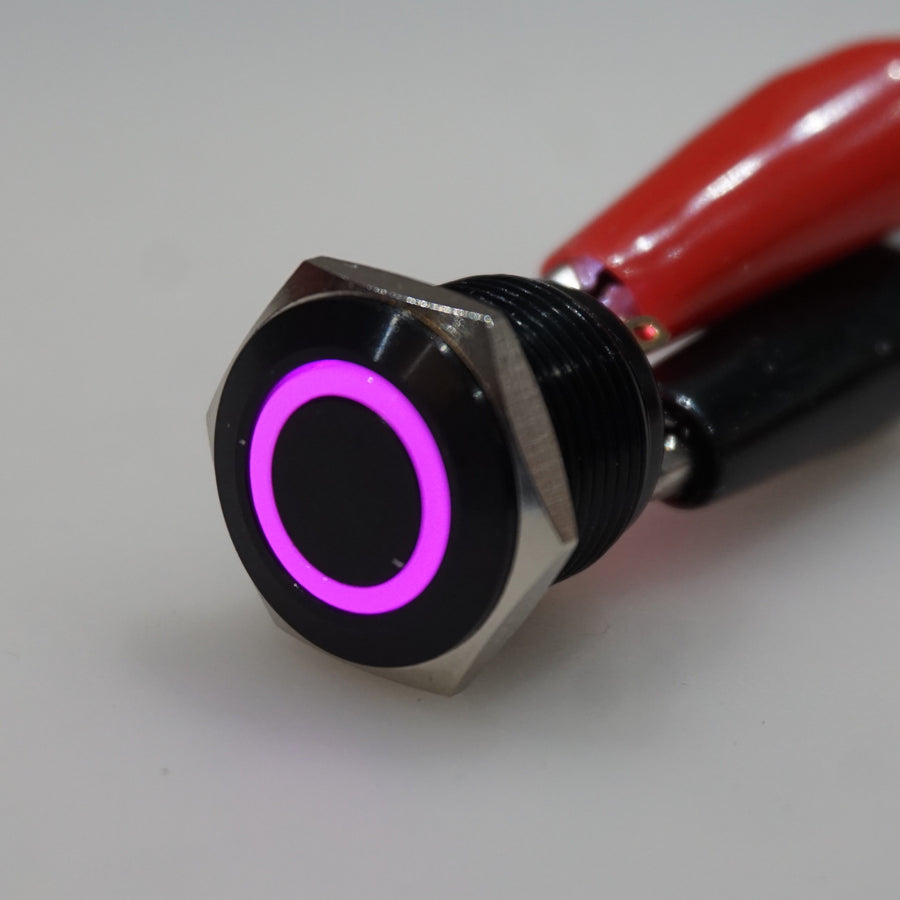 16mm Black AV Illuminated Momentary Switch Purple Ring