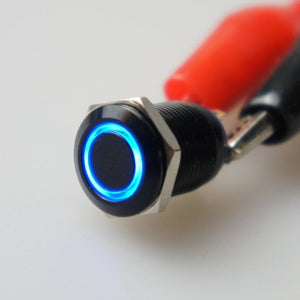 12mm Black AV Illuminated Momentary Switch Blue Ring